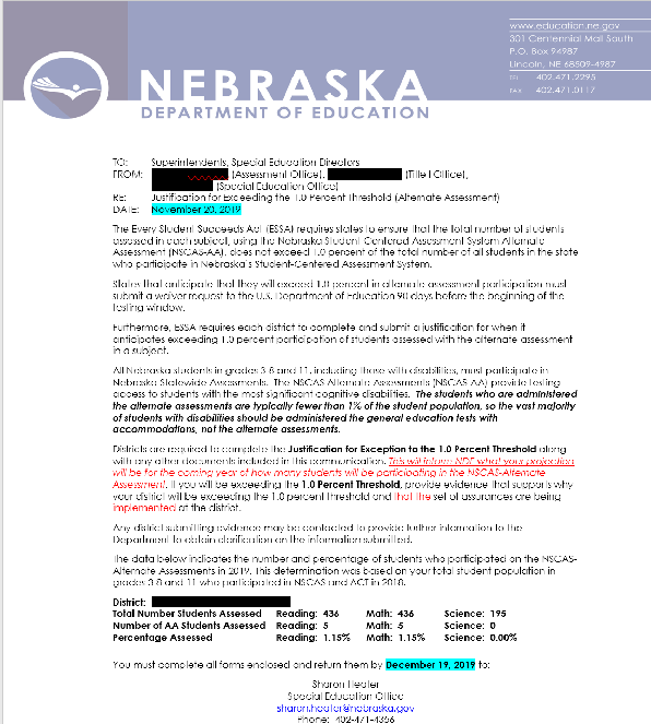 Nebraska Resource 1: Letter to Superintendents and Special Education Directors