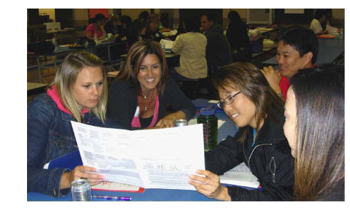Photo of teachers examinging a student portfolio.