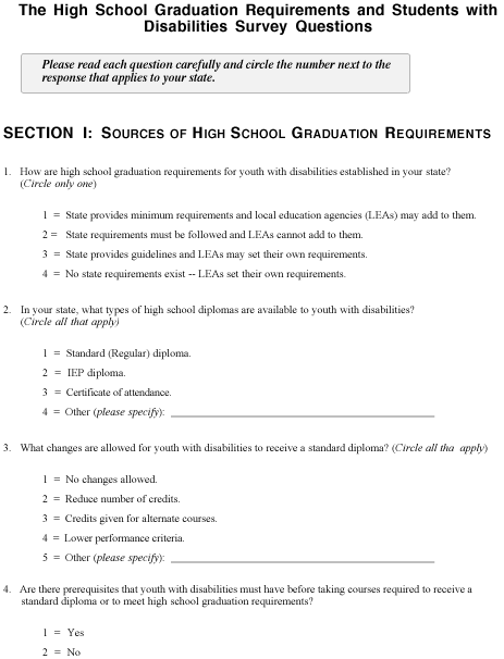 High School Graduation Requirements for Students with Disabilities Survey Questions, page 1