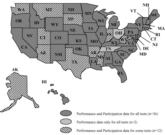 Map showing states that reported 2004-2005 disaggregated regular assessment results for students with disabilities