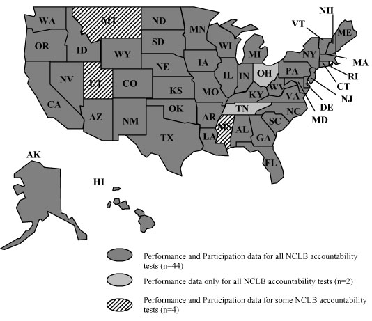 Map showing states that reported 2004-2005 disaggregated results for students with disabilities in their NCLB accountability systems