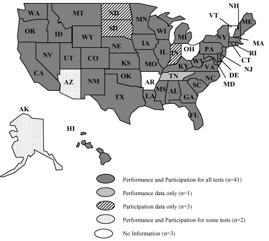 Map showing states that reported 2004-2005 disaggregated alternate assessment results for students with disabilities
